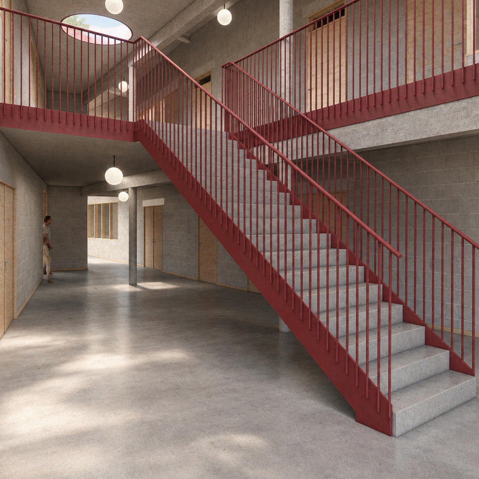 Industrial Atrium with Red Staircase