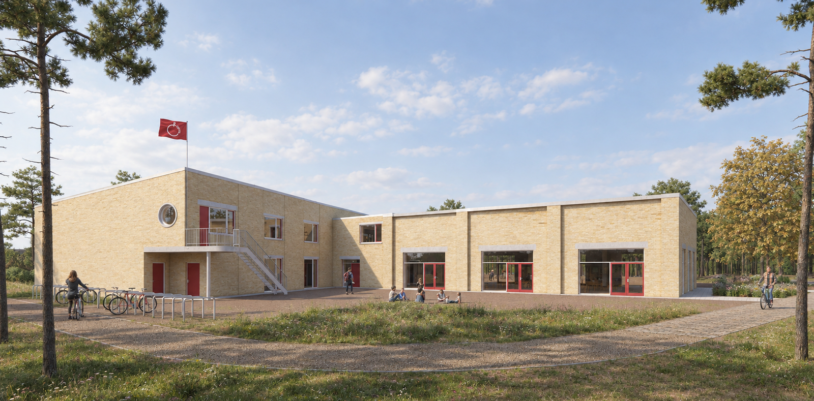 Modern School Courtyard in a Pine Forest